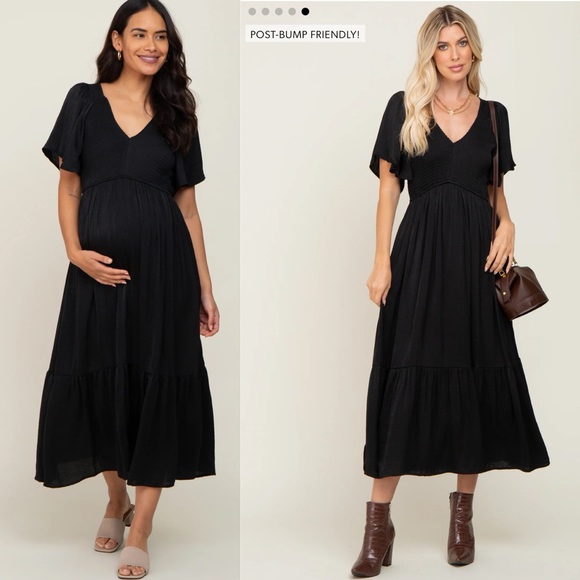 Pinkblush Black Smocked V Neck Flutter Sleeve Maternity Midi Dress - Picture 3 of 10